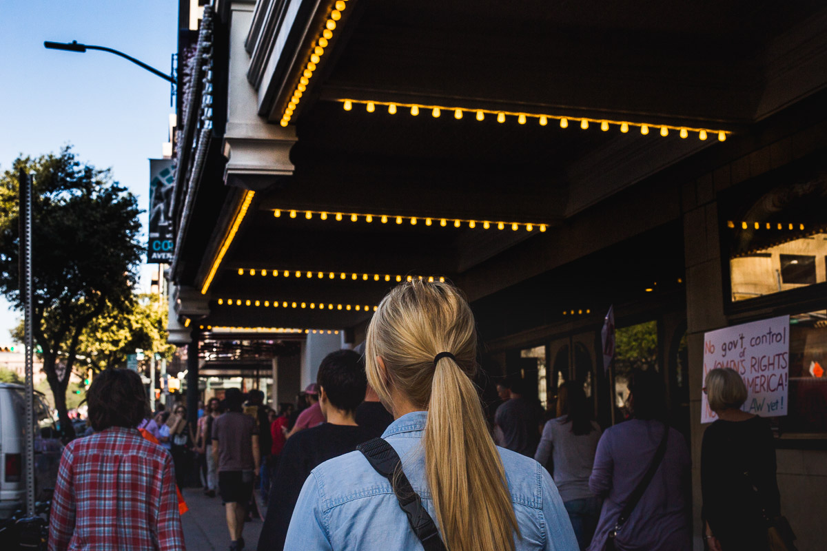 walking underneath the paramount marquee facade