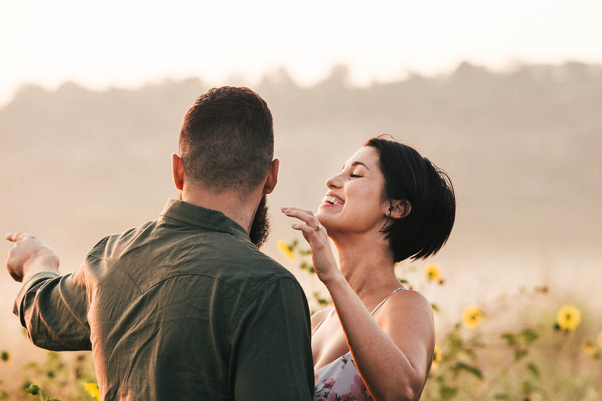 engaged couple laughing commons ford park engagement photography
