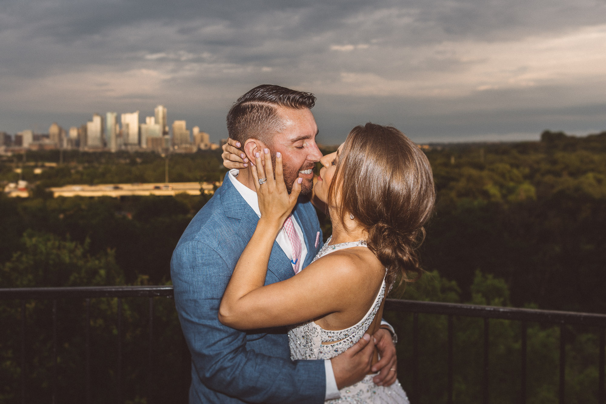 zilker park clubhouse austin texas wedding photographer portraits bride smiling groom happy joy pink tie blue suit dapper
