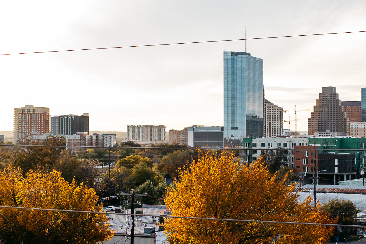 downtown austin viewed from the east side with fall foliage